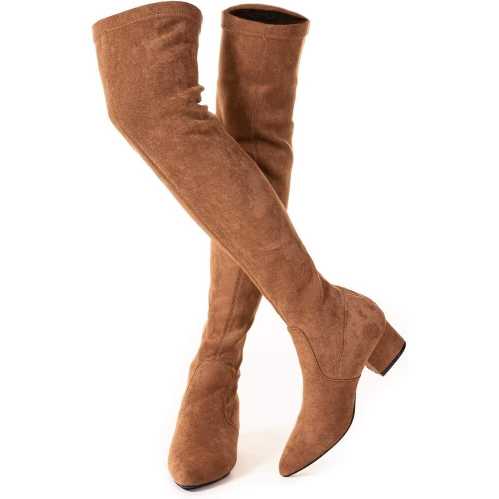 Women Brown 2 Inch Over the Knee Thigh High Suede Block Long Pointed toe Boots